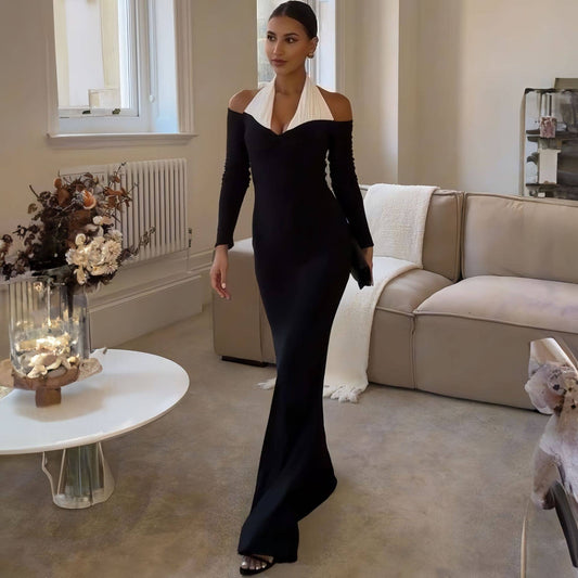 BLACK LONG-SLEEVED FASHION ONE-SHOULDER DRESS