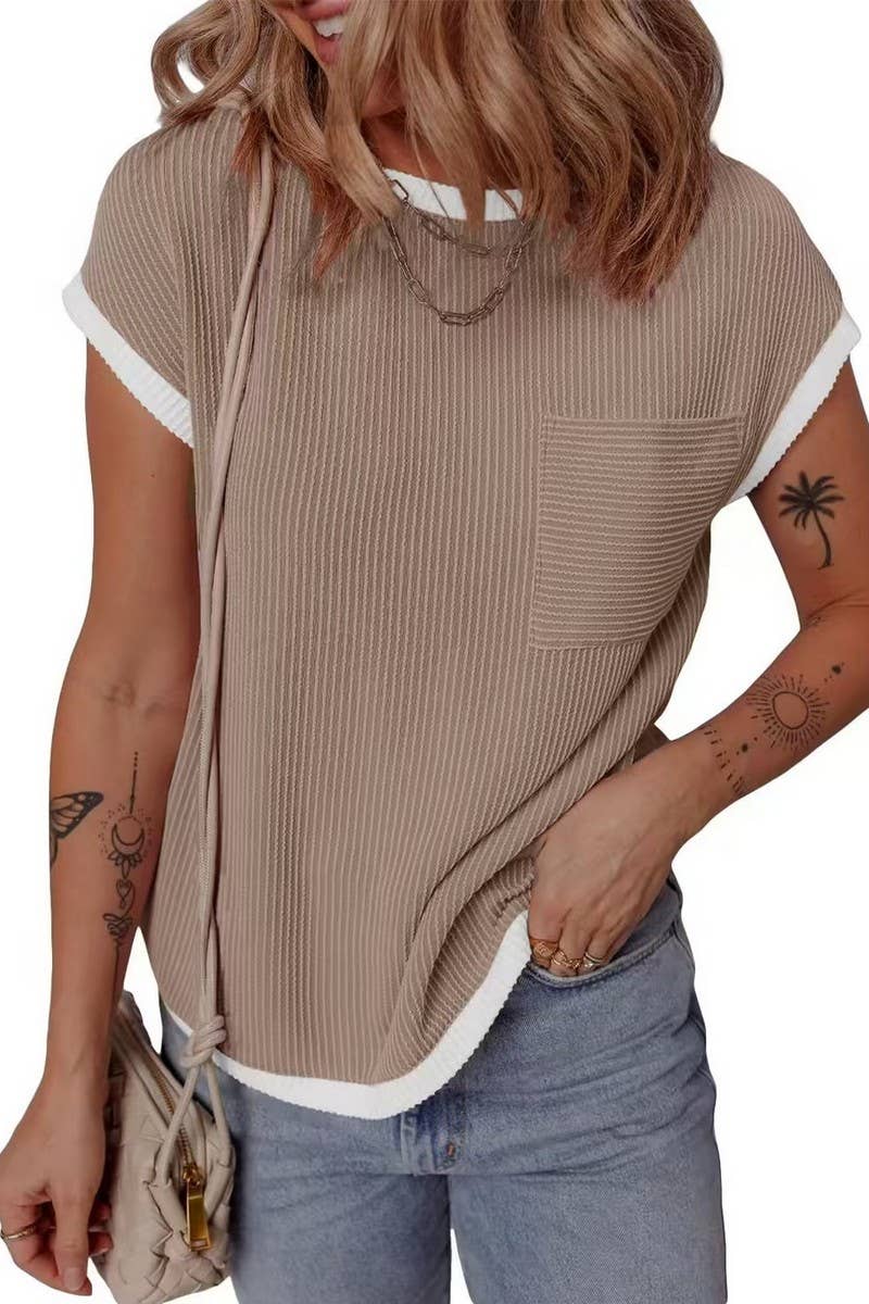 CWTBLS1772_RIBBED POCKET KNIT SHORT SLEEVE T-SHIRT TOP