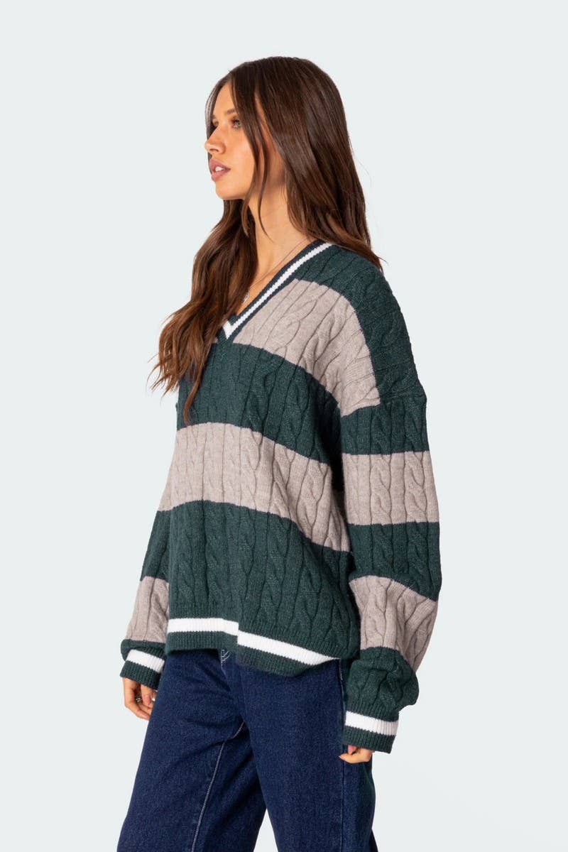 CWOSWL6749_V-NECK STRIPED CONTRAST LOOSE KNIT SWEATER