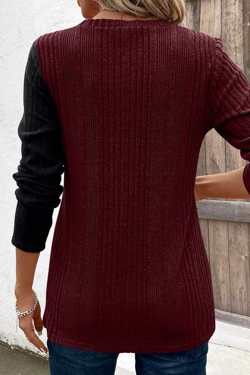 CWTBLL3195_COLORBLOCK CONTRAST BUTTON-DOWN SLIT CASUAL TOP