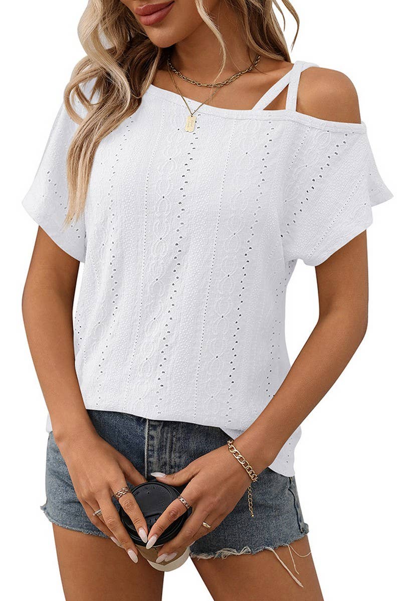 CWTBLS1717_SOLID COLOR ONE SHOULDER HOLLOW SHORT SLEEVE TOP