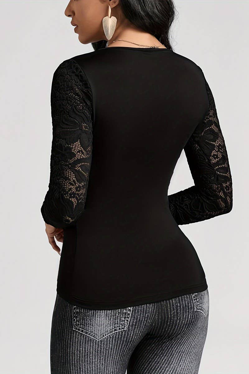 CWTBLL3527_SOLID COLOR LACE STITCHING LONG SLEEVE TOP