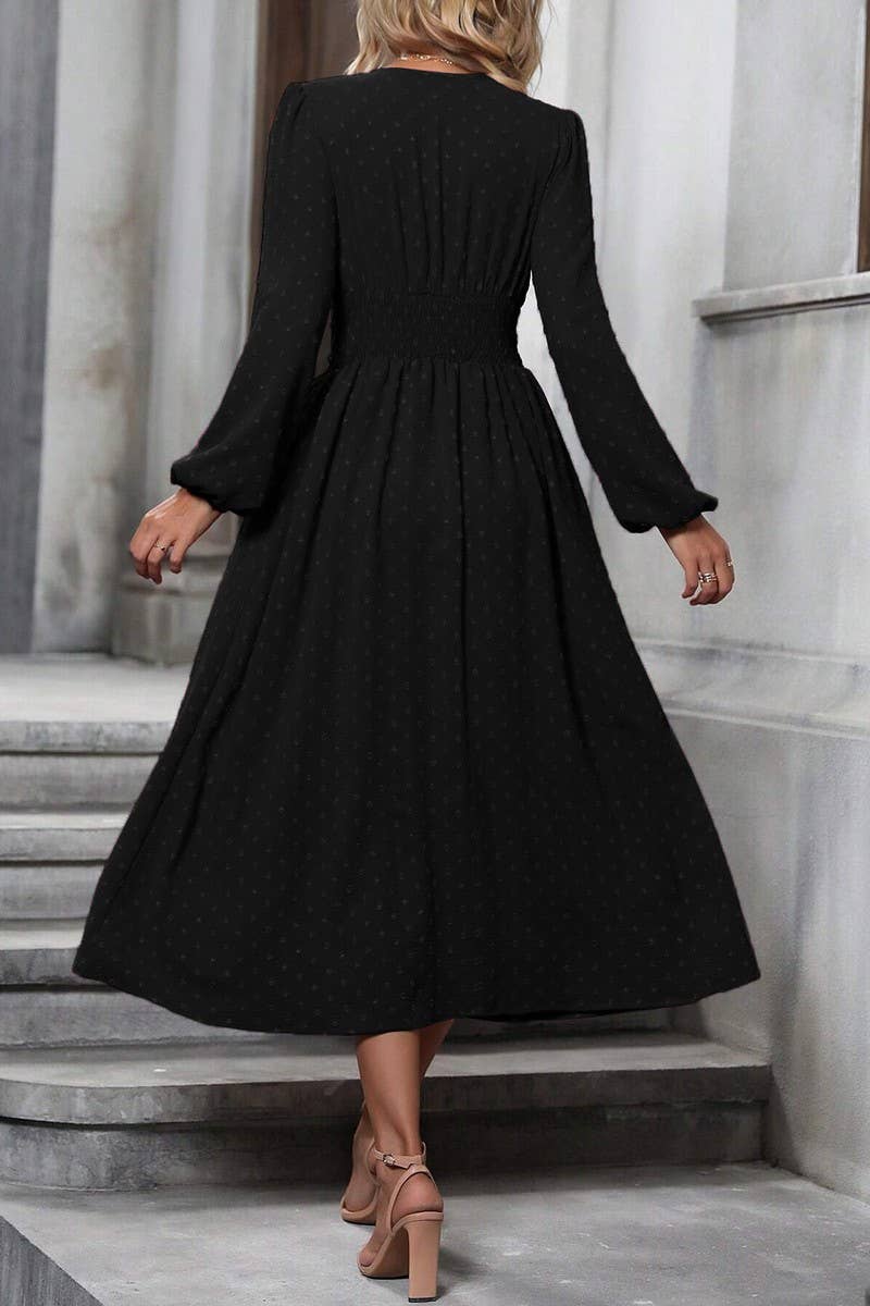 CWDMD3949_SLANTED NECK BALLOON SLEEVES PLEATED WAIST DRESS