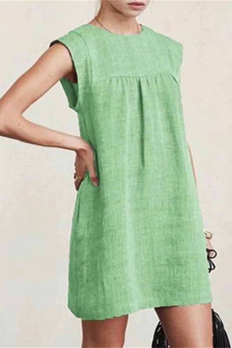 CWDSD10559_LOOSE CASUAL COTTON AND LINEN SOLID COLOR DRESS
