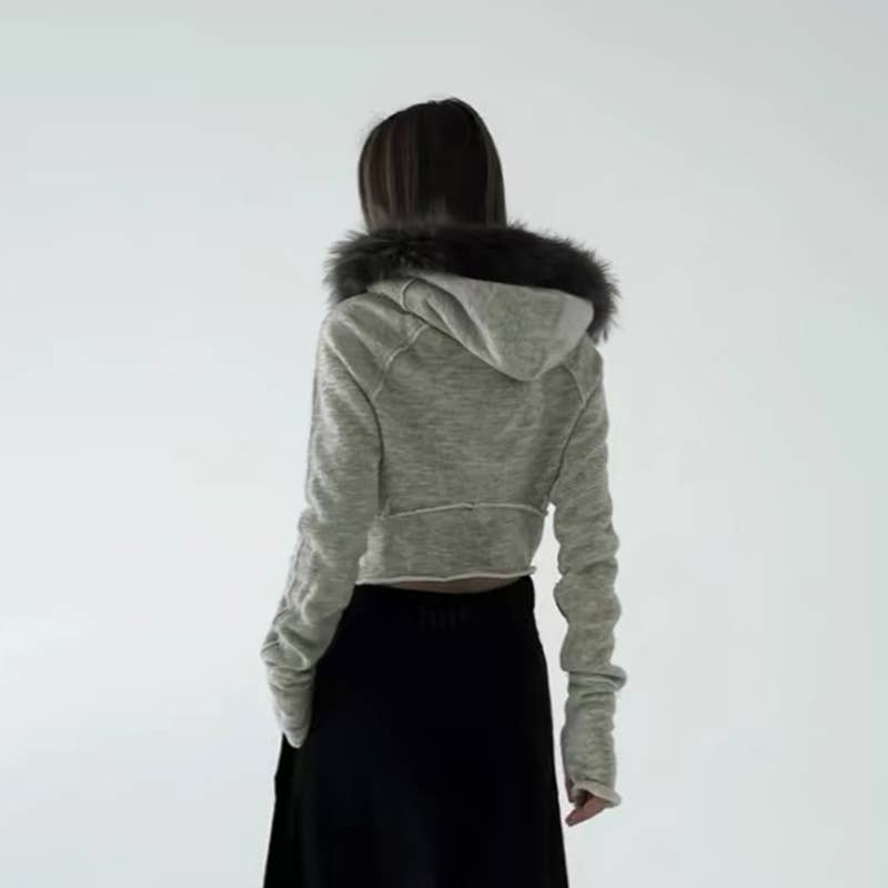 DESIGN SENSE ASYMMETRICAL FURRY HOODED ZIP COAT_CWOCO0984