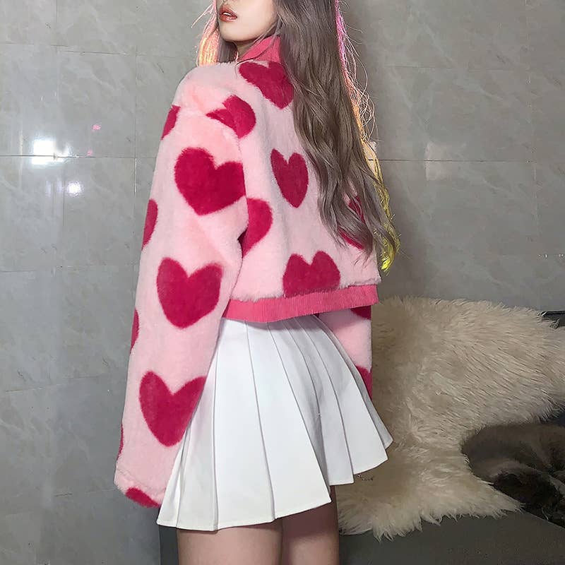 COLOR CONTRAST FASHION LOVE LAPEL PLUSH COAT
