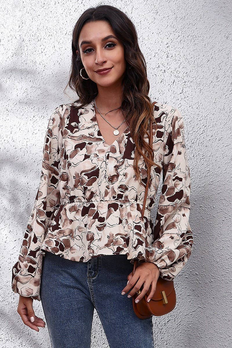 CWTBLL0707_V-Neck Long Sleeve Print Blouse