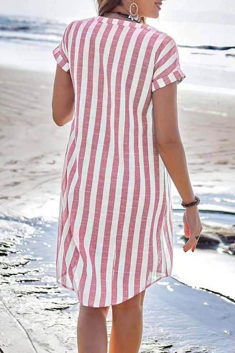 CWDMD5586_ELEGANT WOMEN'S STRIPED V NECK MIDI DRESS
