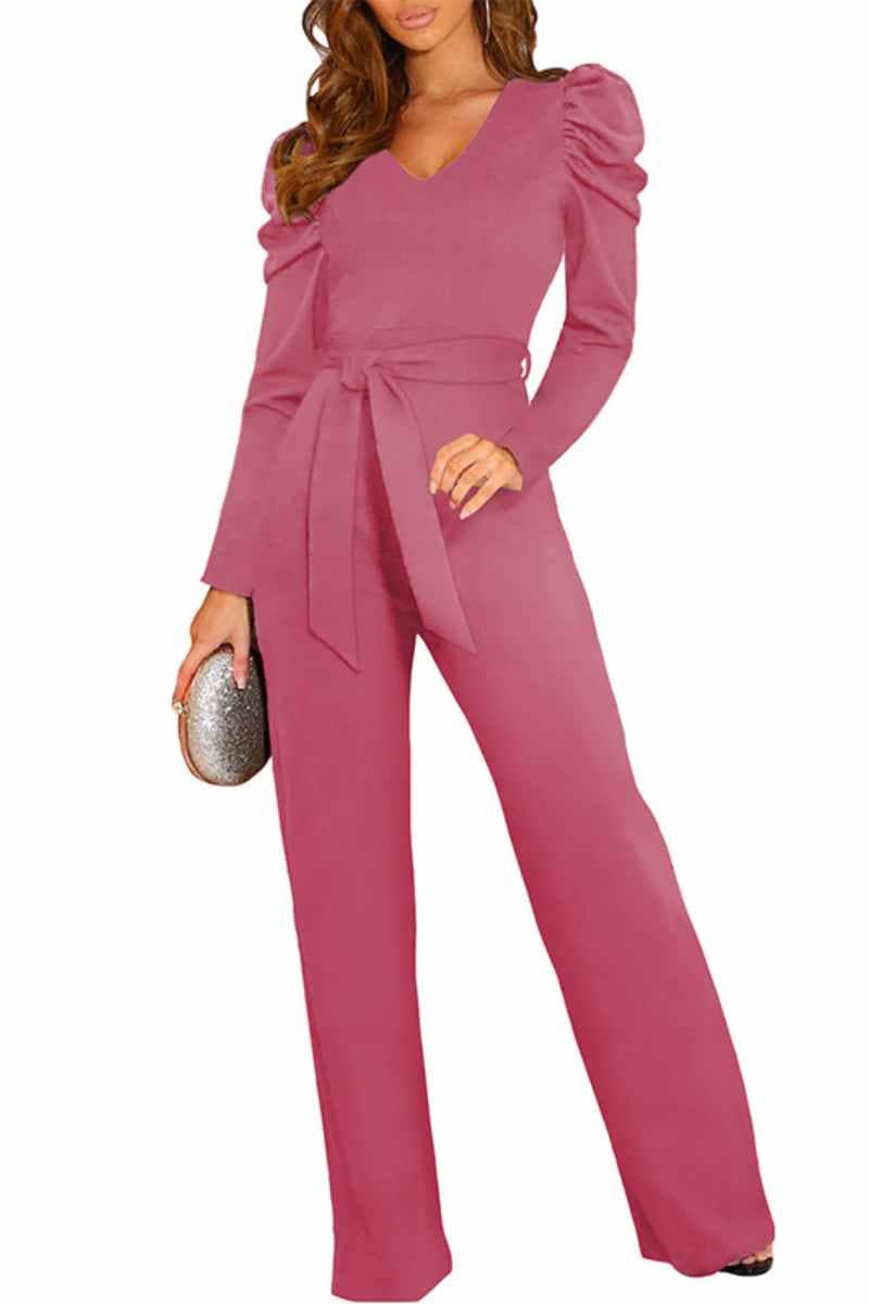 CWSJS1098_V-NECK LONG SLEEVED WAIST ONE-PIECE PANTS