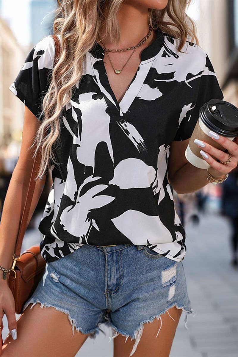 CWTBLS0683_DEEP V-NECK SHORT SLEEVE PRINT LOOSE BLOUSE