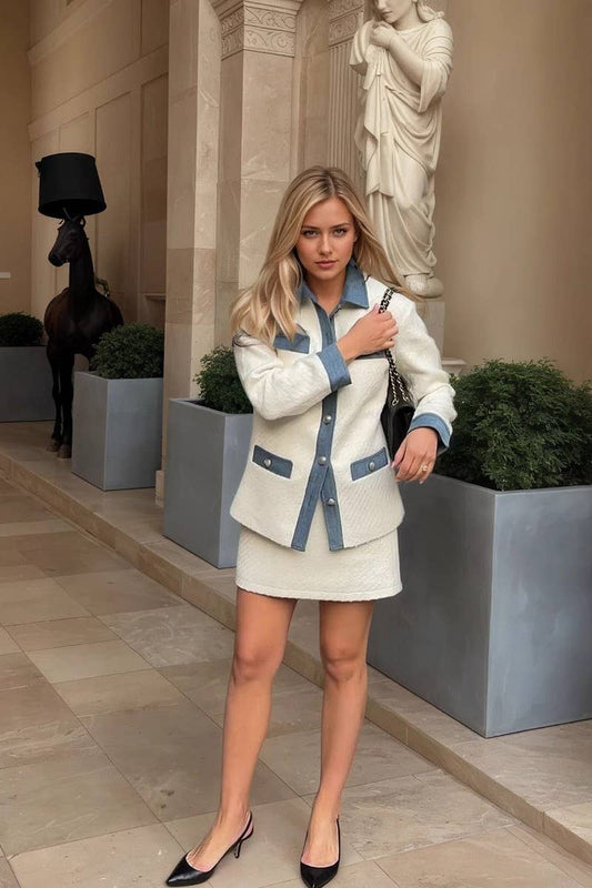 CWOCO1278_OFF-WHITE TWEED LAPEL PATCHWORK TOP JACKET