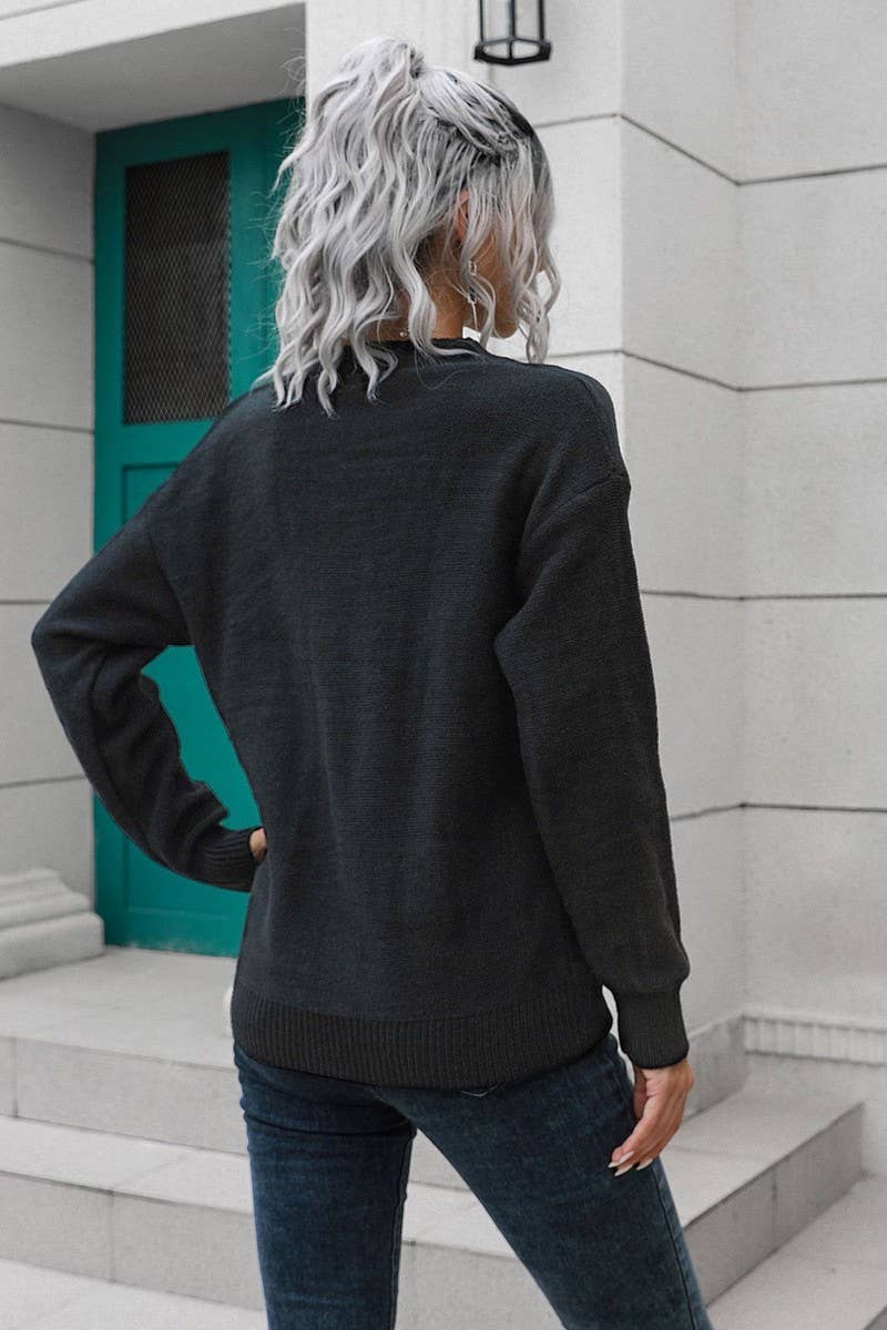 CWOSWL4149_V-NECK BUTTON LOOSE PULLOVER KNIT SWEATER