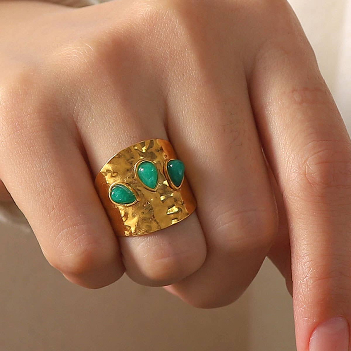 GREEN NATURAL STONE WIDE RINGS STAINLESS STEEL