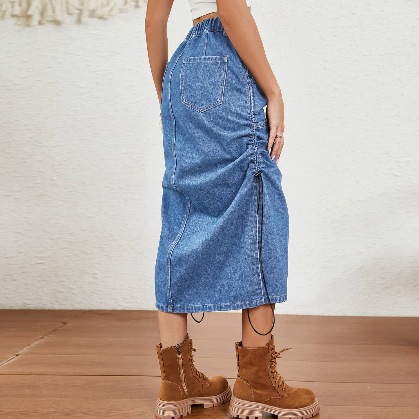 ELASTIC-WAISTED DRAWSTRING DENIM SKIRT