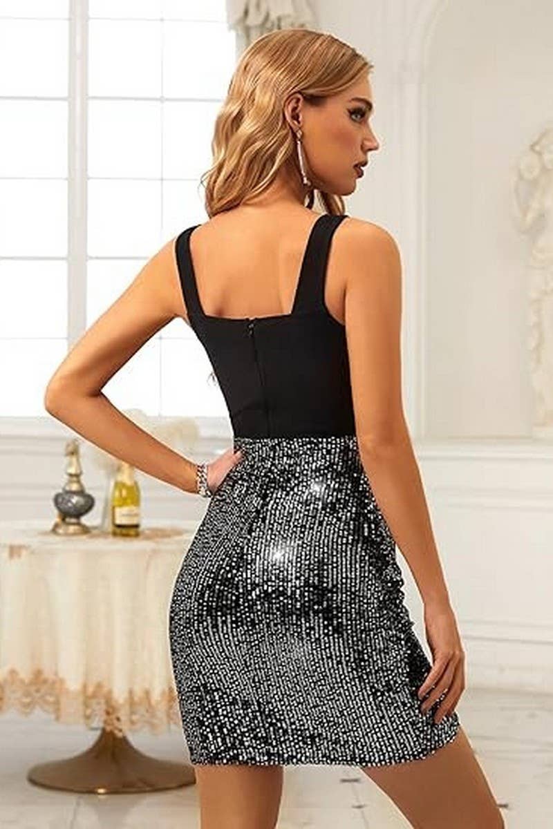 CWDSD7949_SEQUIN V-NECK PLEATED BODYCON MINI DRESS