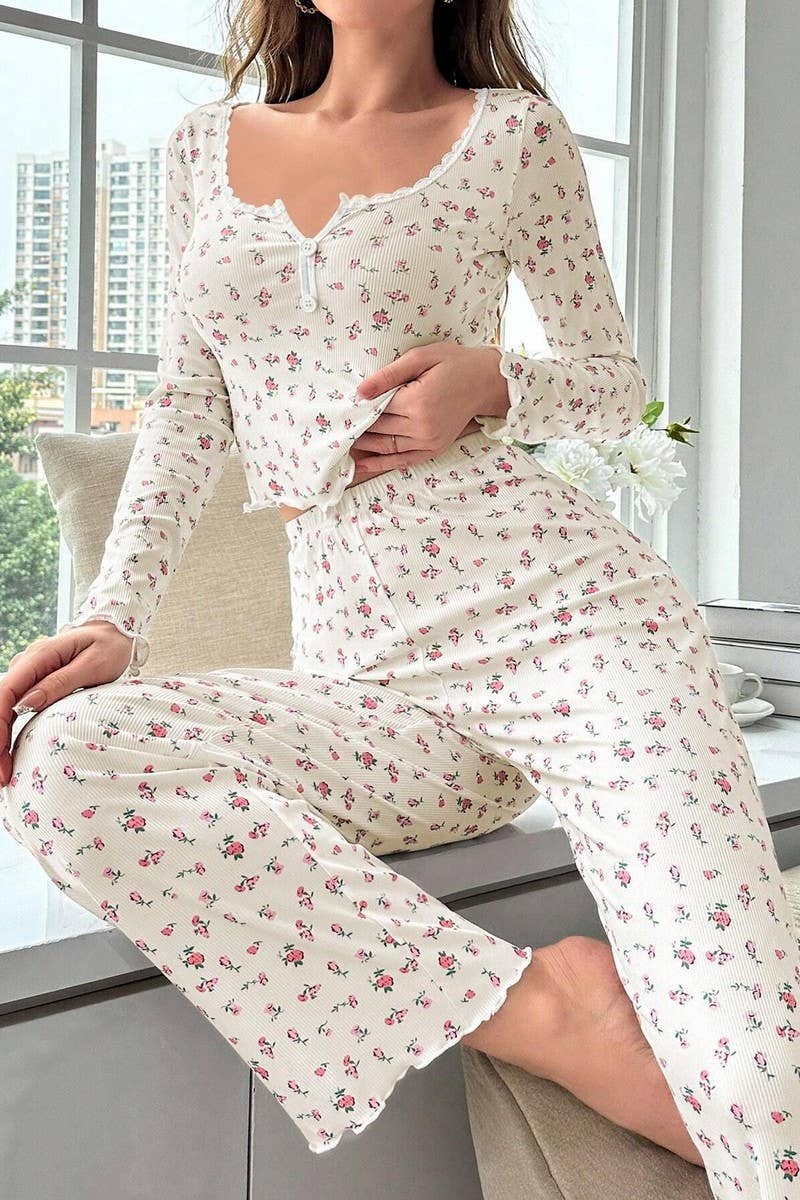 CWSPJ00471_FLORAL LONG SLEEVE TOP AND PANTS LOUNGEWEAR SET
