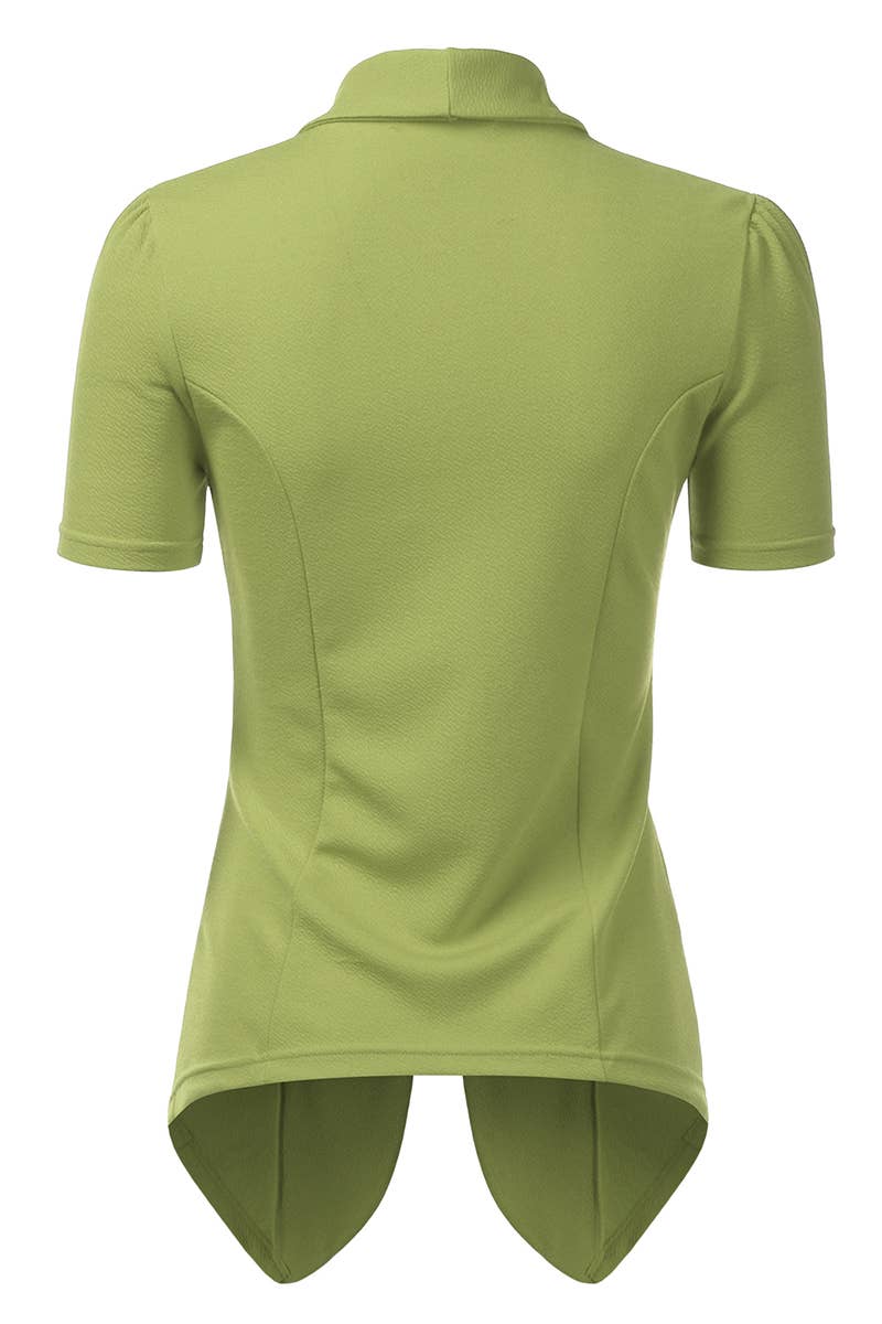 CWOBL095-P_Short Sleeve Open Front Draped Ruffles Blouses