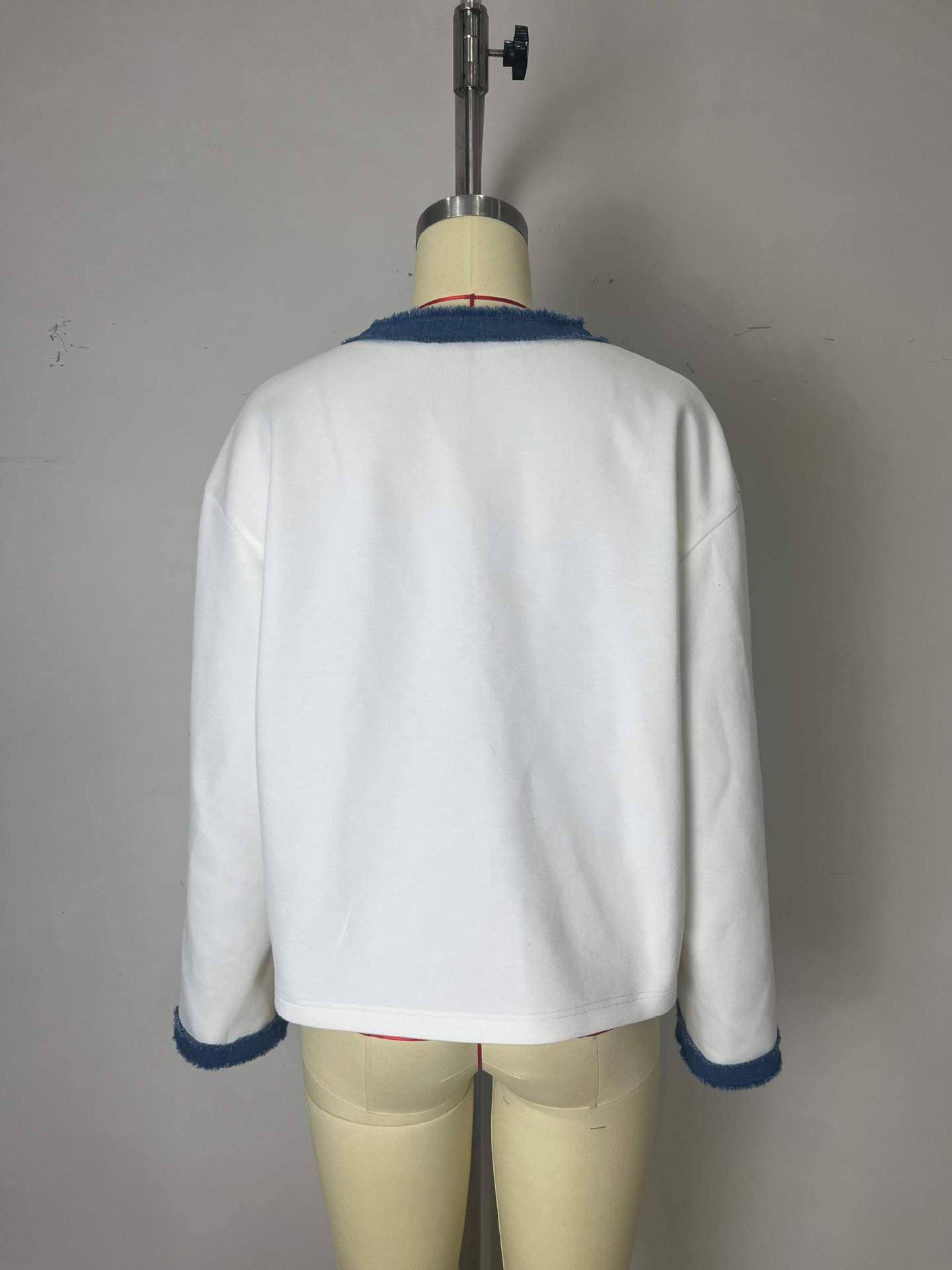 Denim color-blocking round-neck short coat