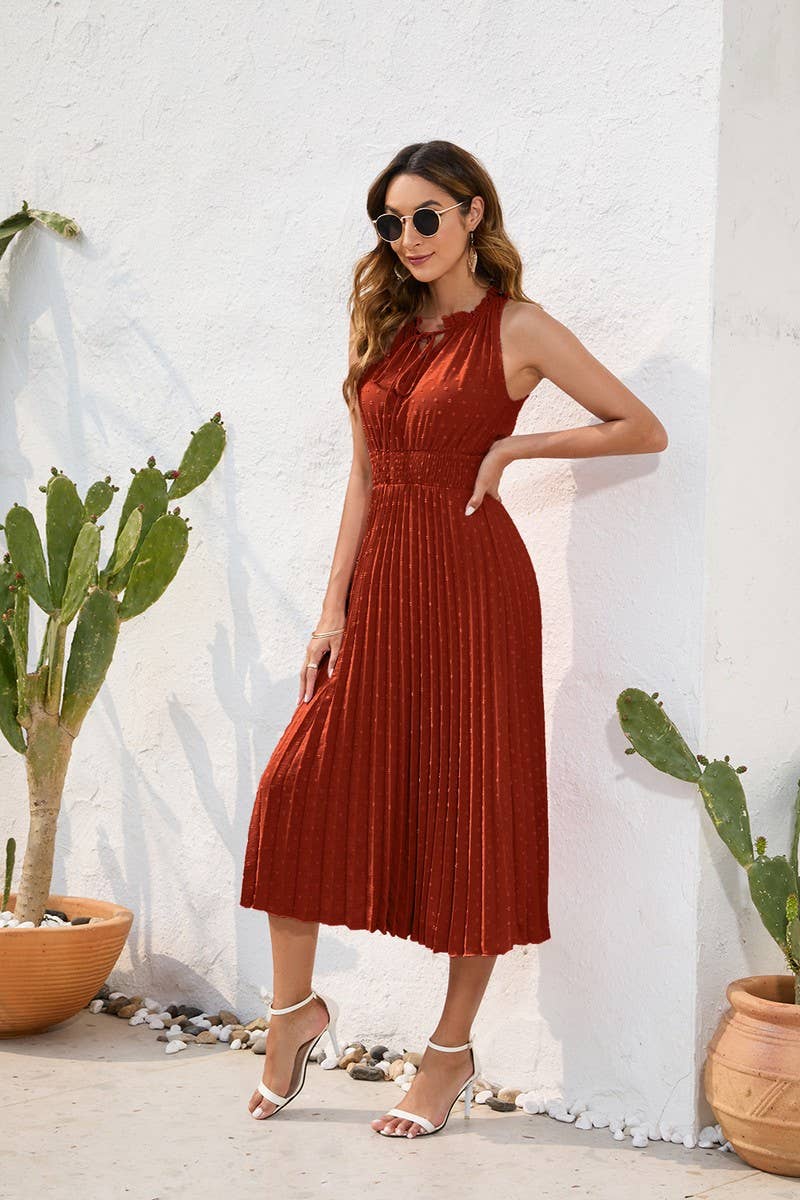 CWDMD2140_LACE UP HIGH WAISTED PLEATED HAIRBALL DRESS