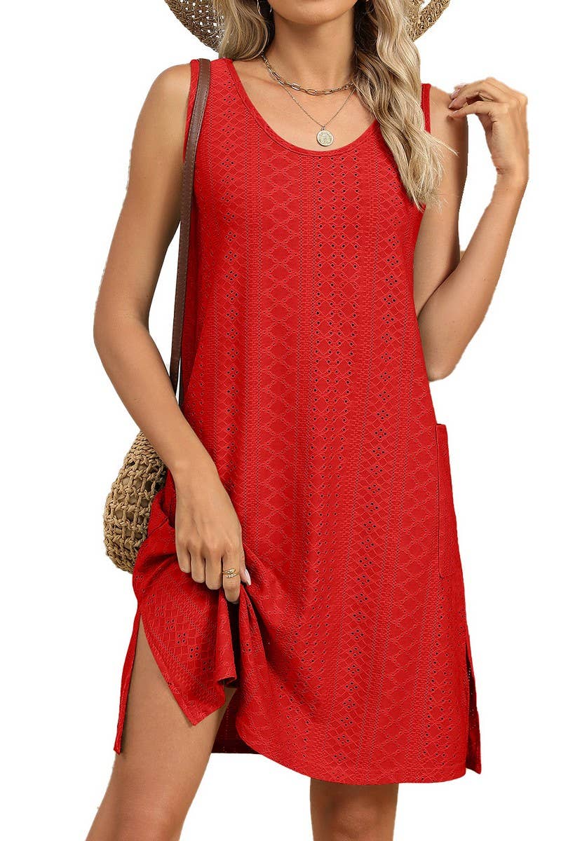 CWDHL01118_SOLID COLOR LOOSE SLEEVELESS POCKET DRESS