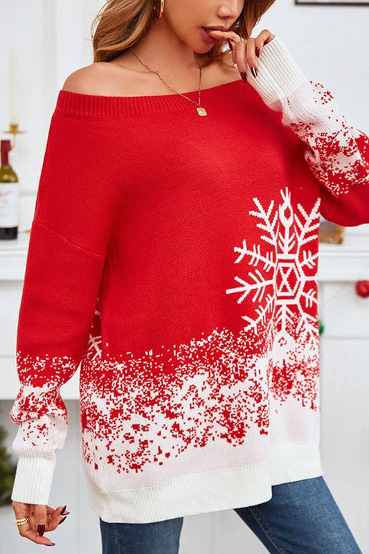CWOSWL5980_OFF SHOULDER SNOWFLAKE CHRISTMAS KNIT SWEATER