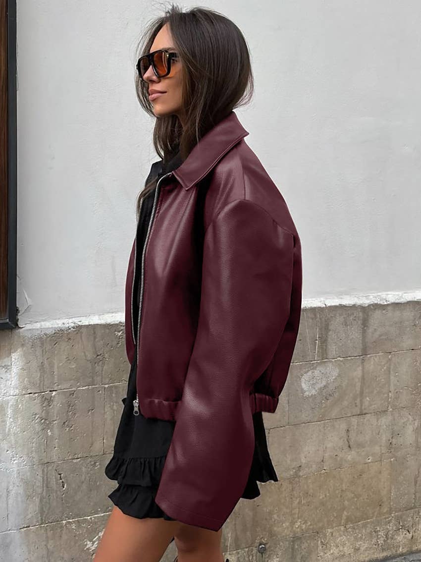 CWOJA1592_ANGORA RED LEATHER BIKER GIRL FASHION JACKET