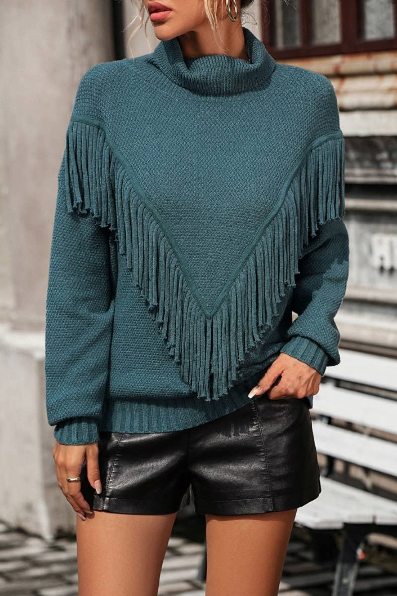 CWOSWL604 Turtle neck Fringe Tassel Pullover Sweater