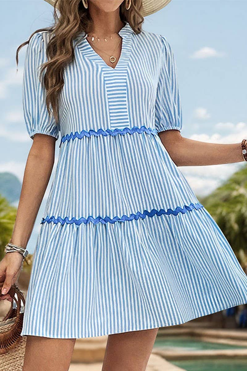 CWDSD4283_VERTICAL STRIPED STAND COLLAR LACE DRESS