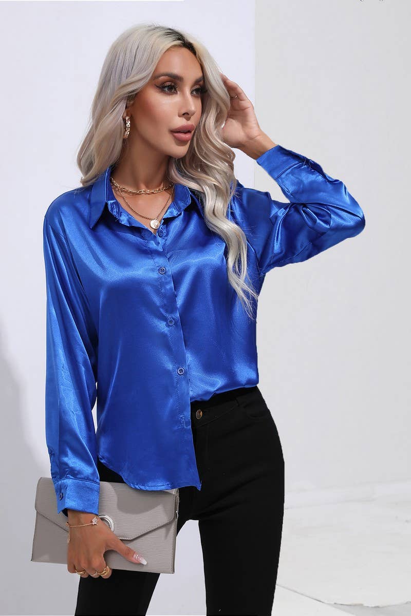 CWTBLL0690_Button Down Silky Satin Long Sleeve Top