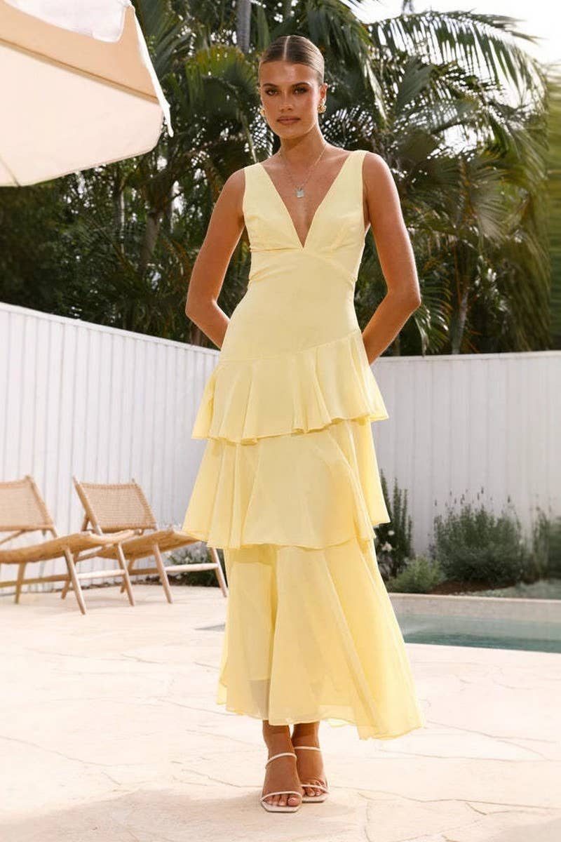 CWDMD6296_SUMMER FRENCH SLEEVELESS V-NECK CAKE DRESS