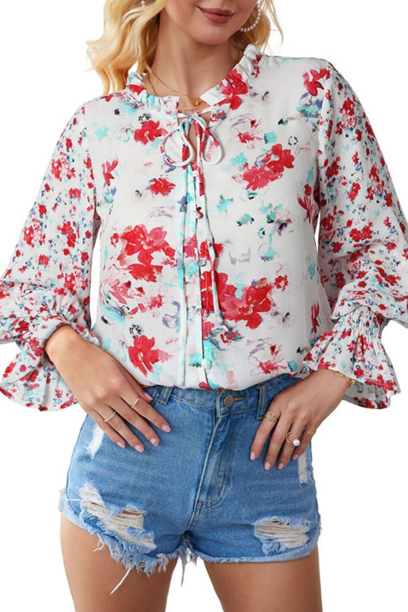 CWTBLL1151_FLORAL CHIFFON LONG SLEEVE V-NECK SHIRT TOP
