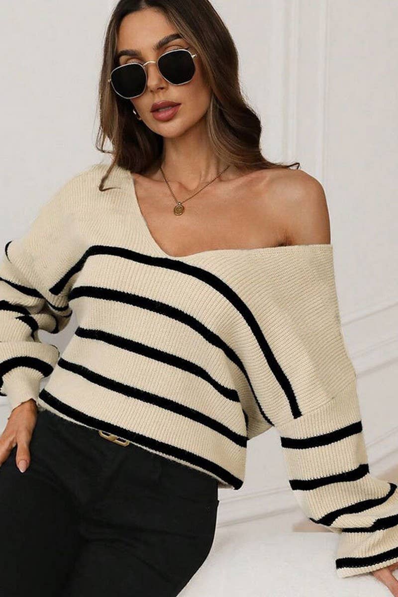 CWOSWL07360_STRIPED COLORBLOCK BOW TIE LOOSE KNIT SWEATE