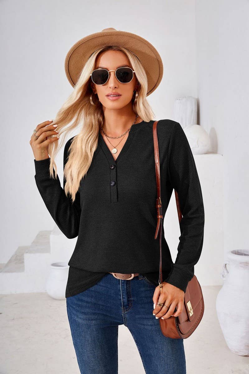 CWTBLL01312_V NECK BUTTON SOLID LONG SLEEVE LOOSE TEE