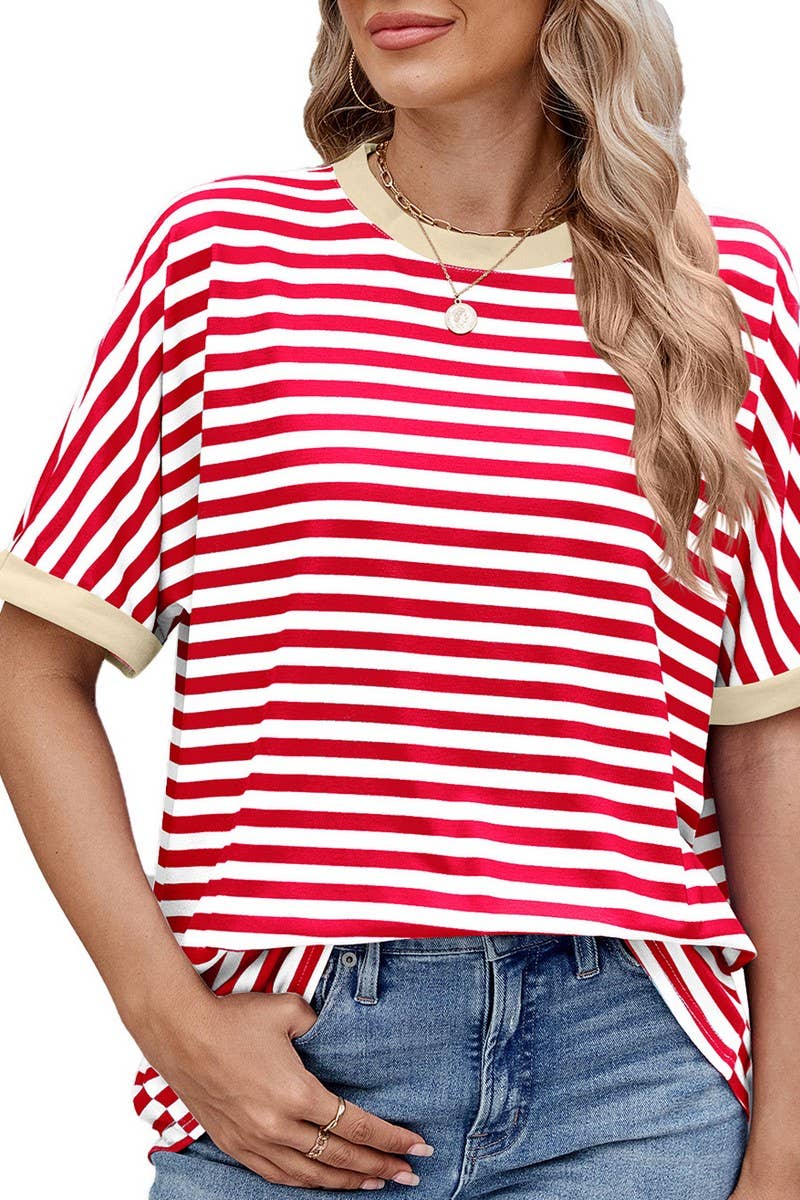 CWTTS1299_LOOSE STRIPED COLORBLOCK CREW NECK T-SHIRT TOP