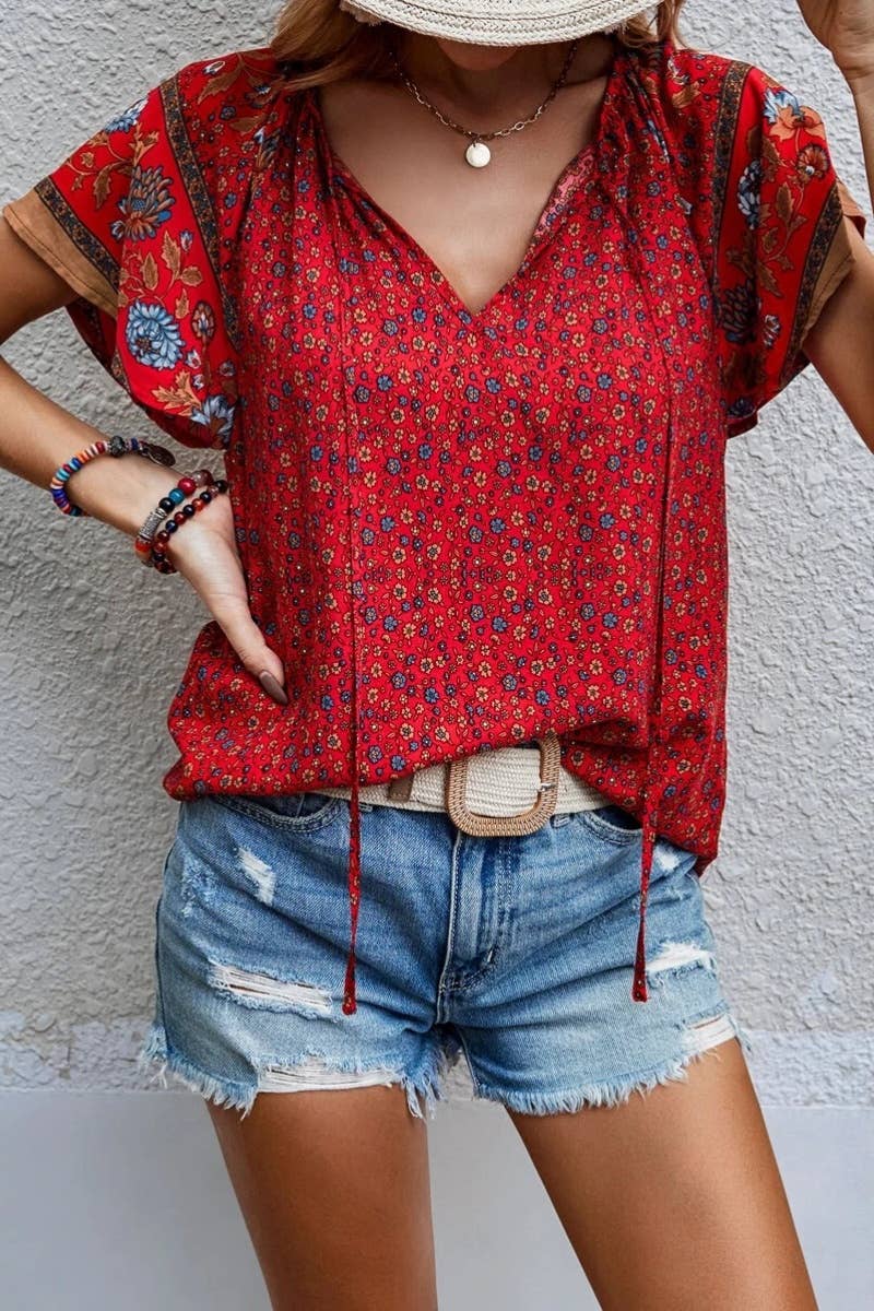 CWTBLS1117_CASUAL BOHO V-NECK SHORT-SLEEVED SHIRT TOP