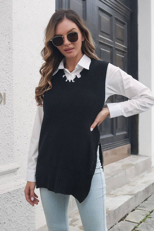 CWOV0503_SIDE ZIPPER V-NECK KNITTED SWEATER VEST