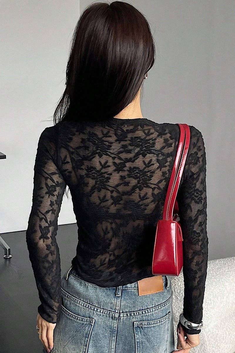 CWTBLS1536_STAND COLLAR SHEER LACE BODYCON LONG SLEEVE TOP