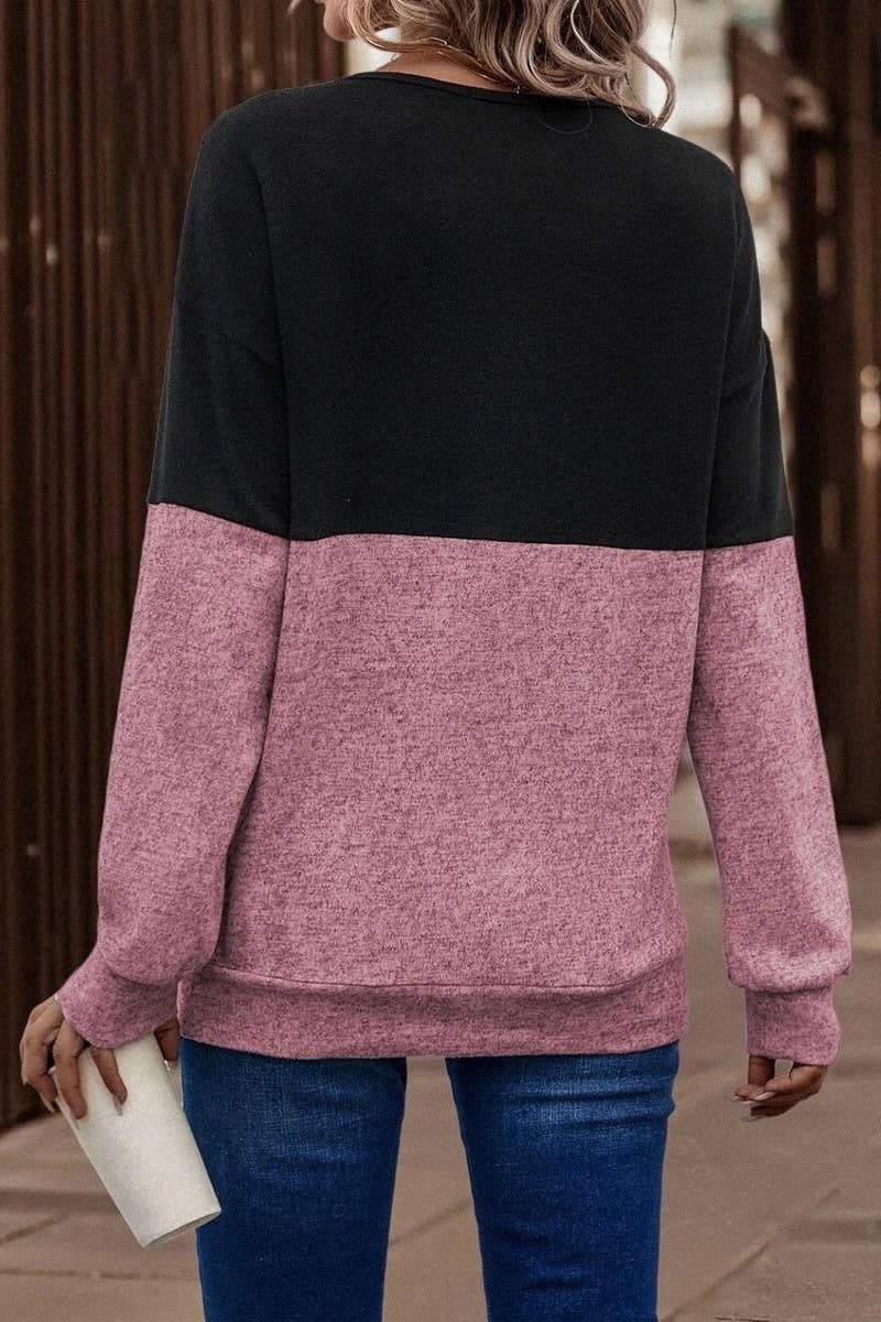 CWTBLL1424_V-NECK CROSS-CONTRAST DROPPED SHOULDER SLEEVE TOP