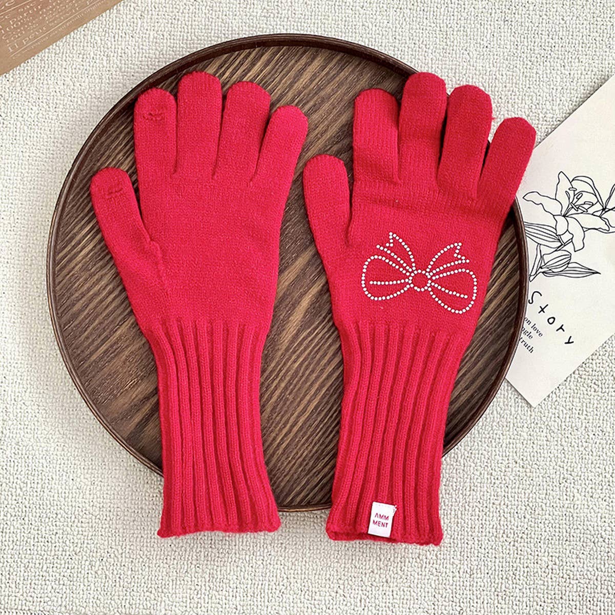 RHINESTONE BOW TOUCH SCREEN FIVE-FINGER GLOVES_CWAG0141