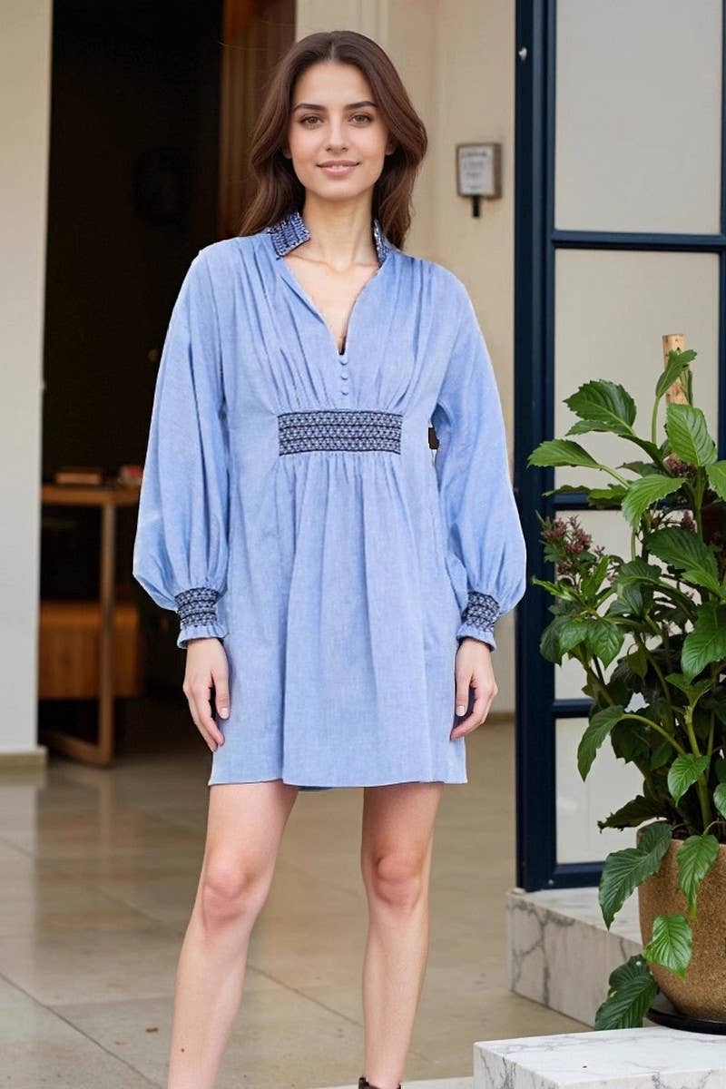 CWDSD8802_RUCHED LAYERED V-NECK ARTISTIC SHIRT DRESS