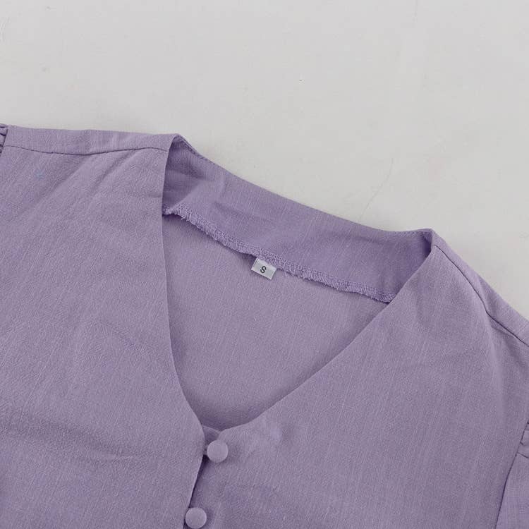 Cotton V-neck long-sleeved purple dress