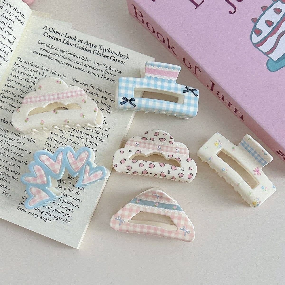FLORAL CHECKERED BOW CLIP ACRYLIC HAIR ACCESSORIES