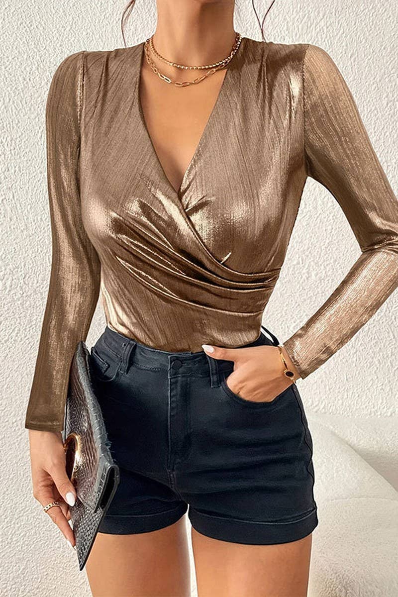 CWTTL2010_SUMMER GLOSSY V-NECK PLEATED TOP