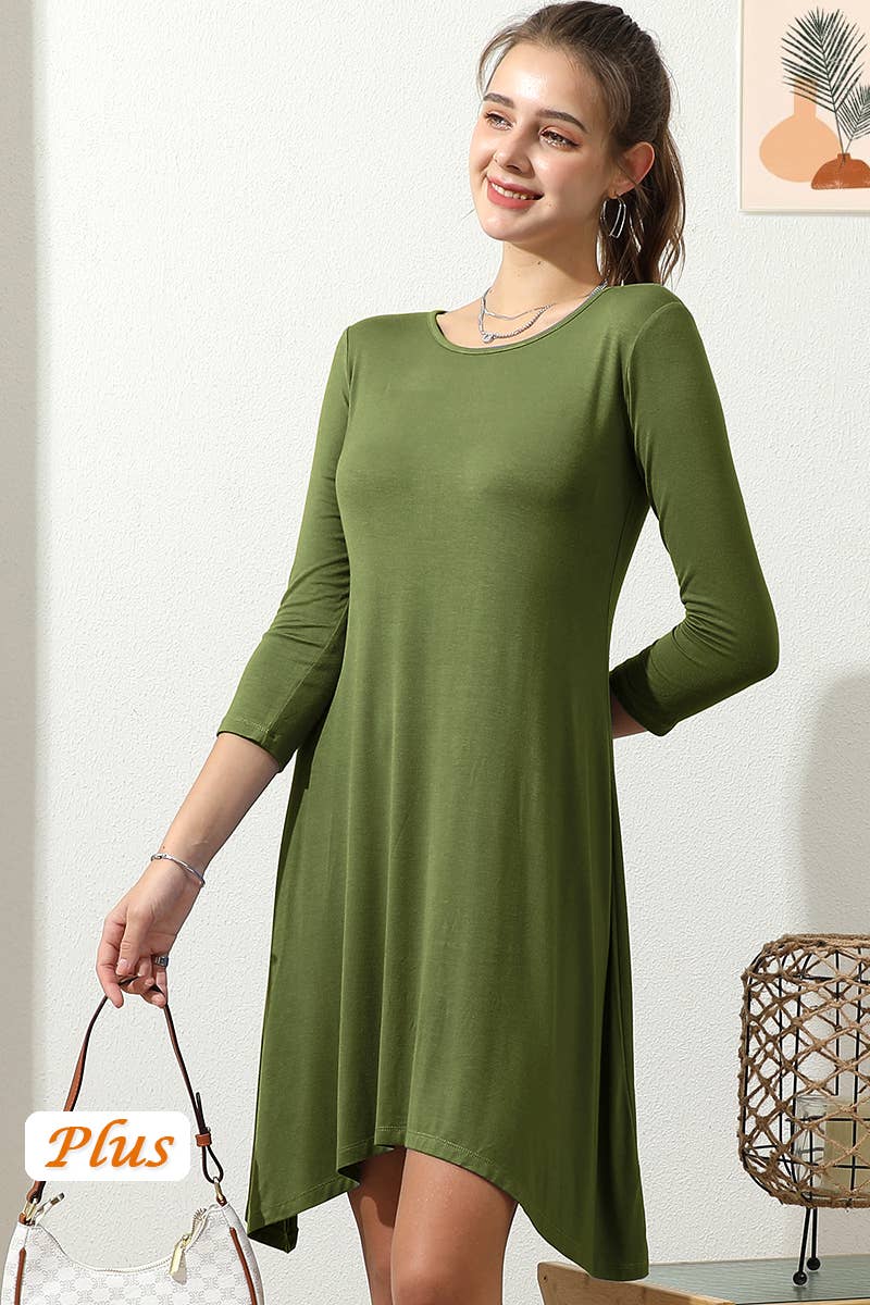CWDMD798-P_SIZE SIZE ROUND NECK UNBALANCED HEM SOLID DRESS