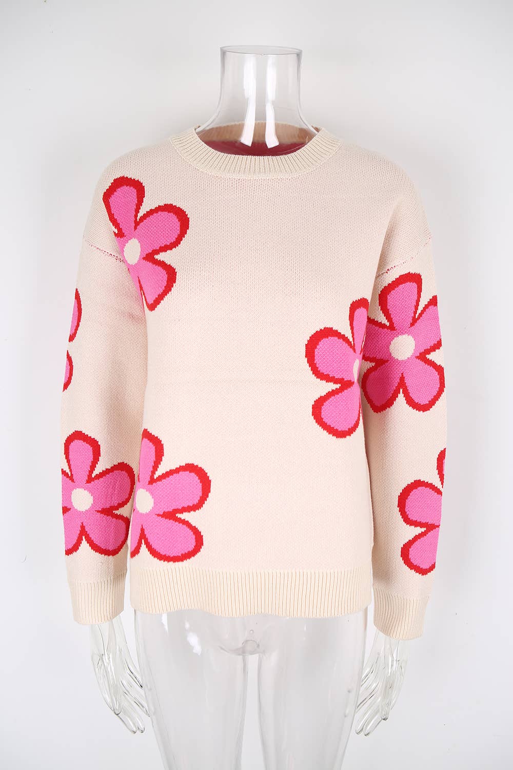 Contrast color flower jacquard loose sweater