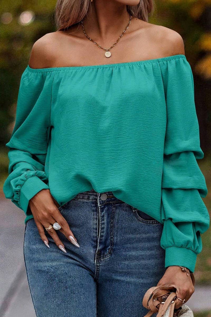CWTBLL4006_SOLID OFF SHOULDER KNOT SLEEVE LONG SLEEVE SHIRT