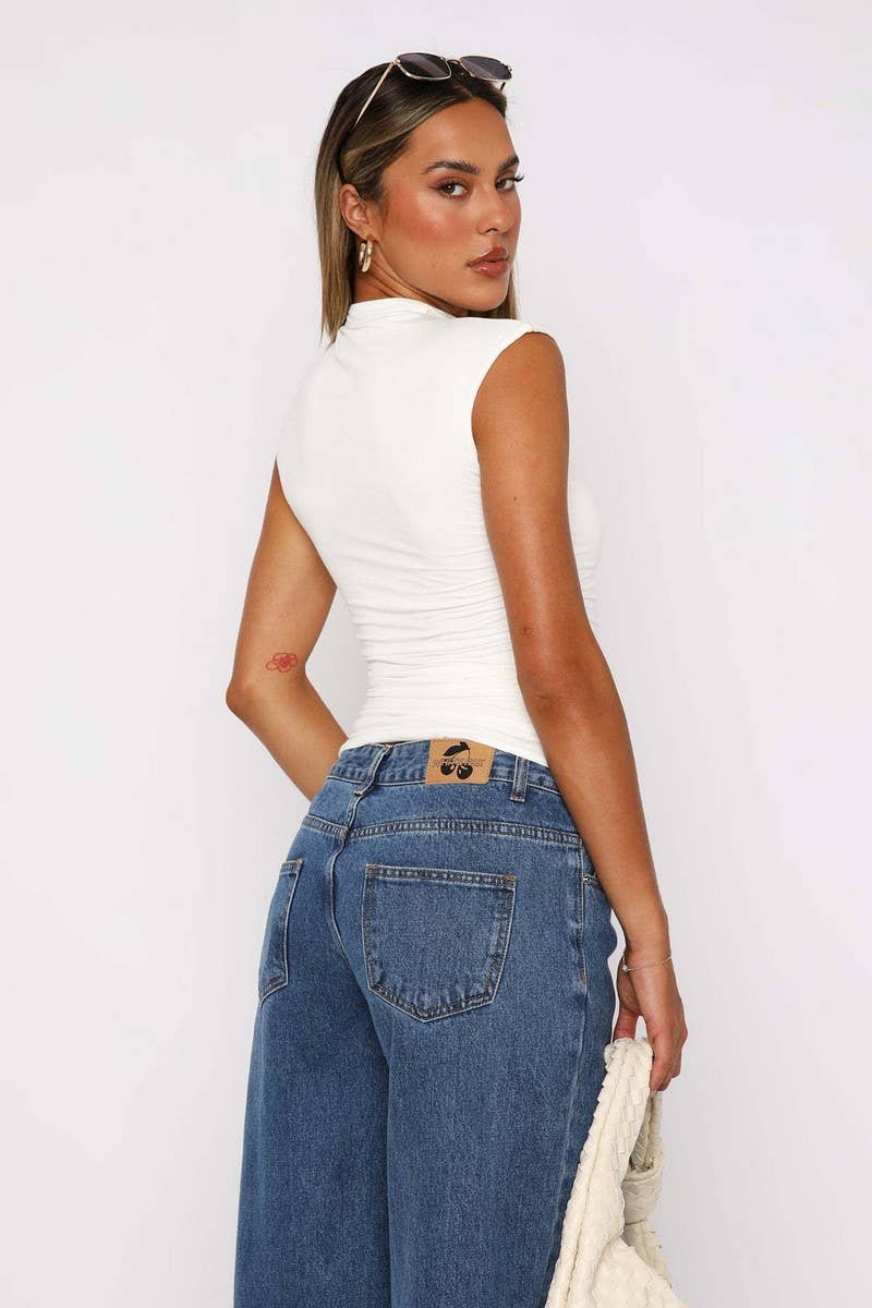 CWTBLS2304_SOLID RUCHED SLEEVELESS MOCK NECK SLIM TOP