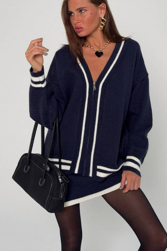 CWSTB1521_CONTRAST COLOR ZIPPER LETTER CARDIGAN SWEATER SET