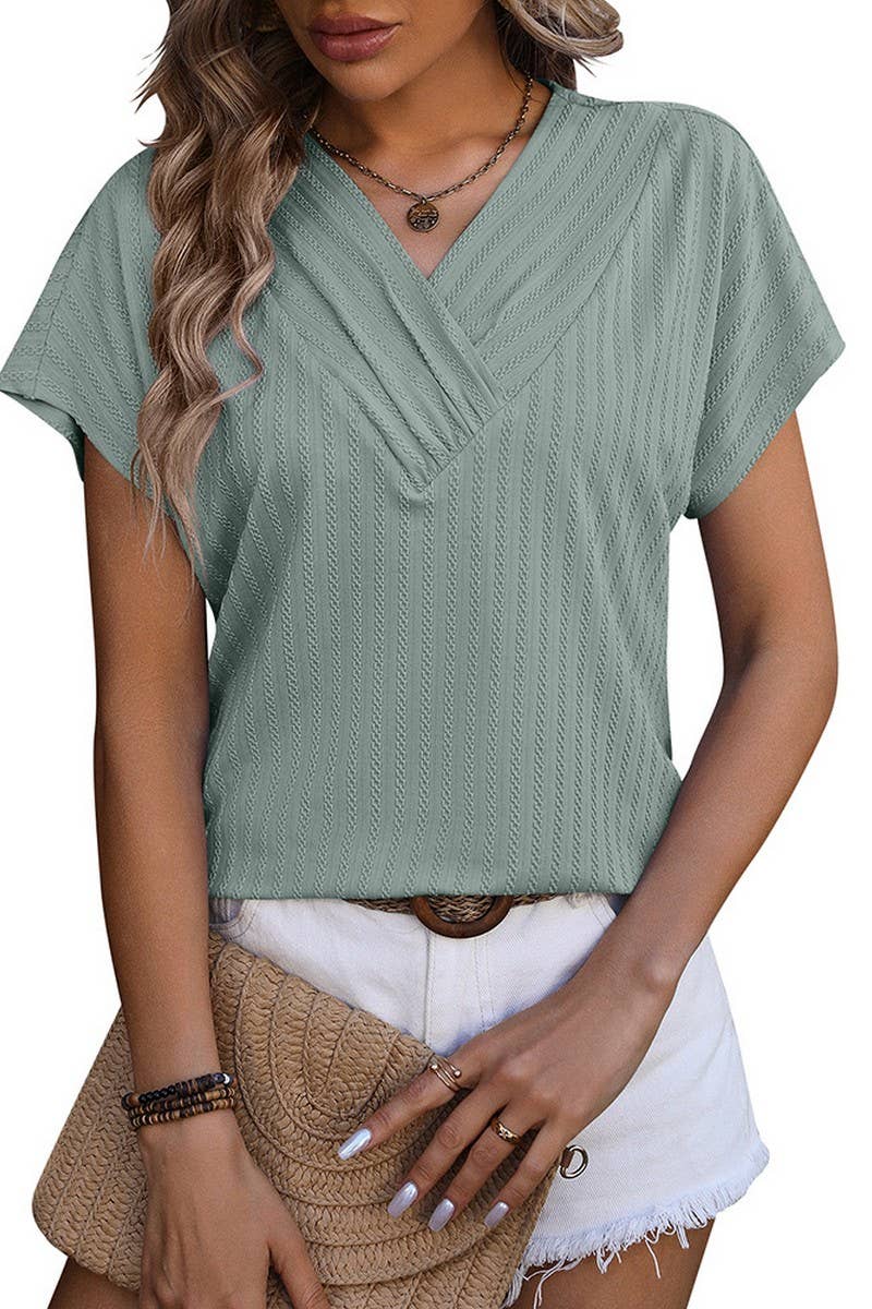 CWTBLS0916_V-NECK CHAIN JACQUARD TOP SHORT SLEEVE