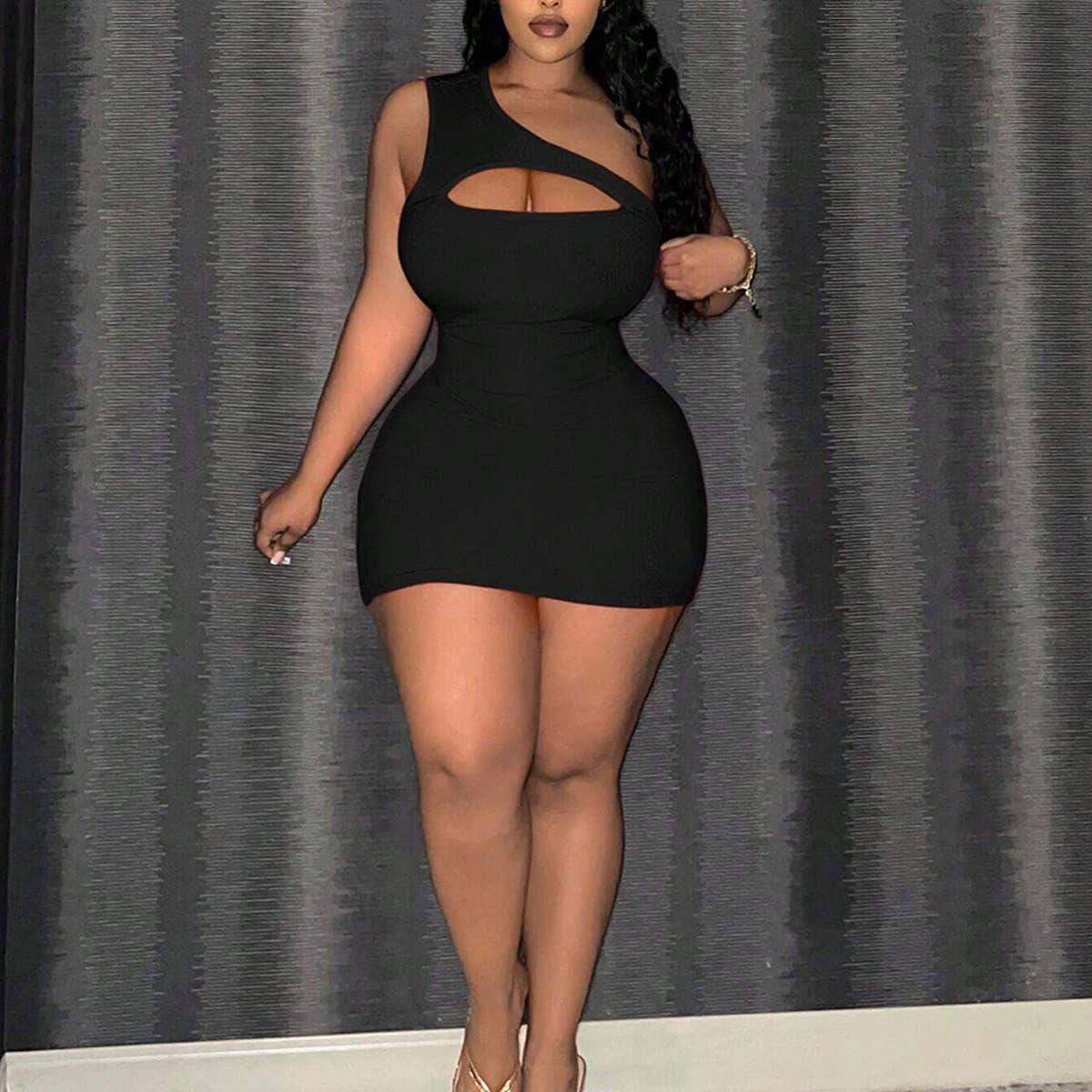 Chic One-Shoulder Cutout Sleeveless Midi Dress_CWDMD6061